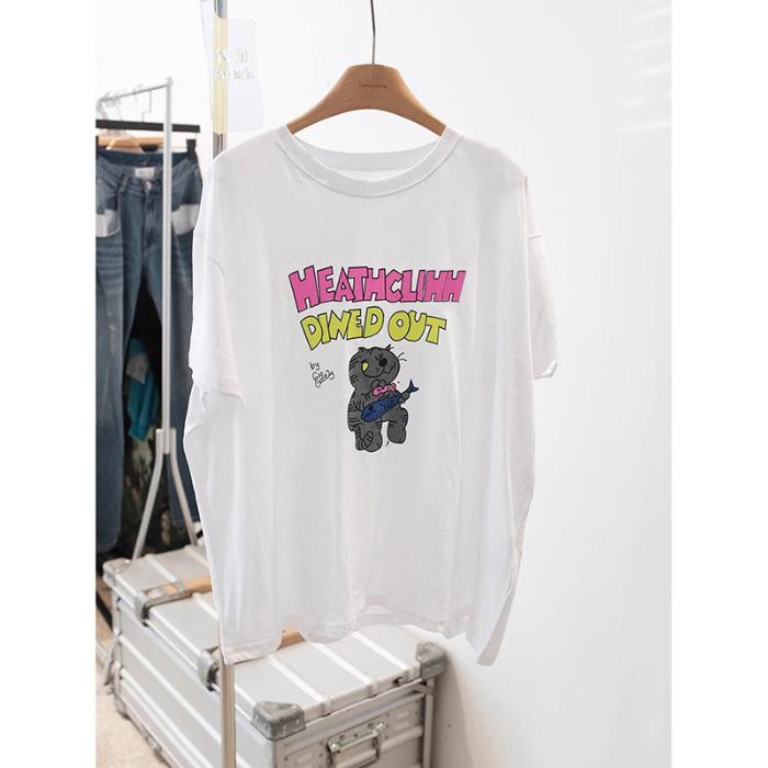 

Дондэмун 2025 весна и лето новый чистый хлопок мультяшный котенок средней длины свободный топ футболка с коротким рукавом женский прилив S белый