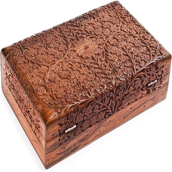 Wooden Jewellery Box, Decorative Storage Organizer-Intricate Carved, 10 X 6 In