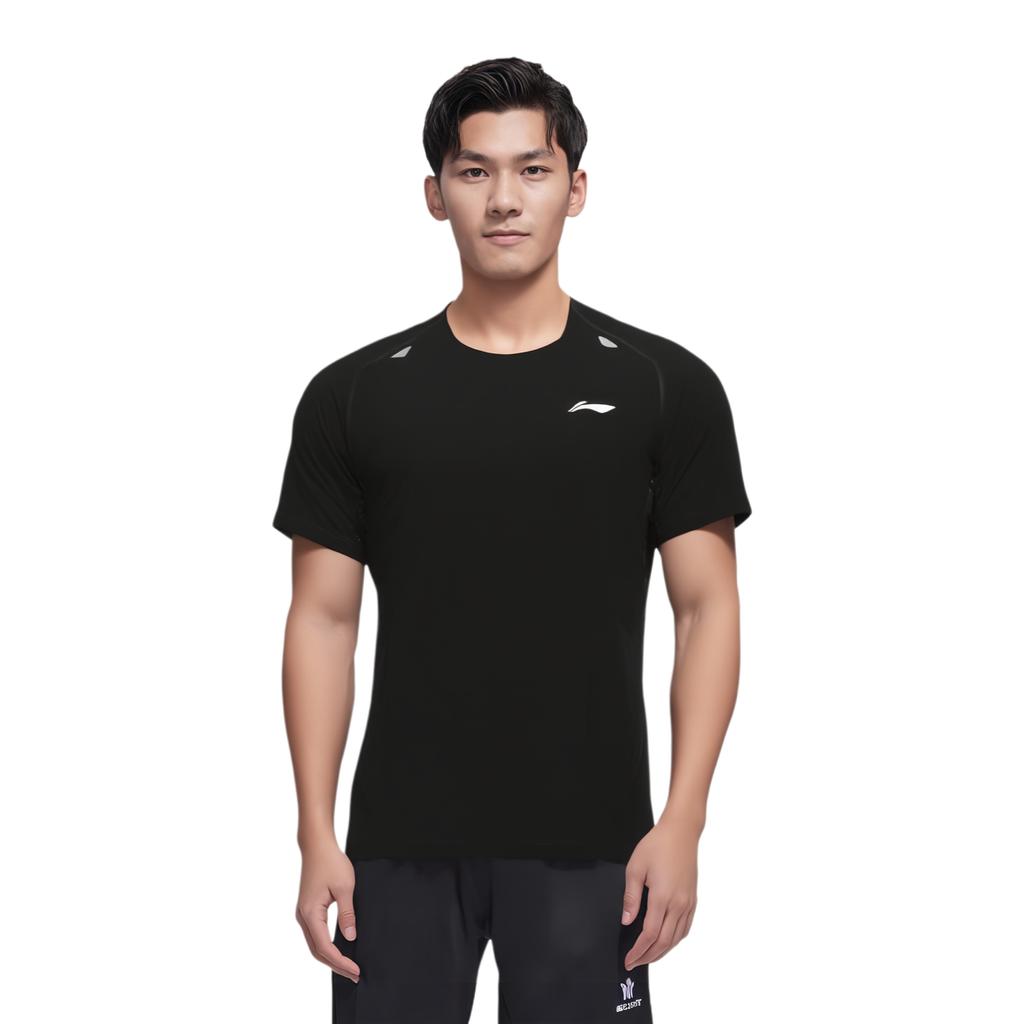 Li Ning Running Series Raglan Logo Round Neck Pullover Slim Fit Quick Dry Breathable Short Sleeve T-Shirt Men T-Shirts Black ATSV005-1