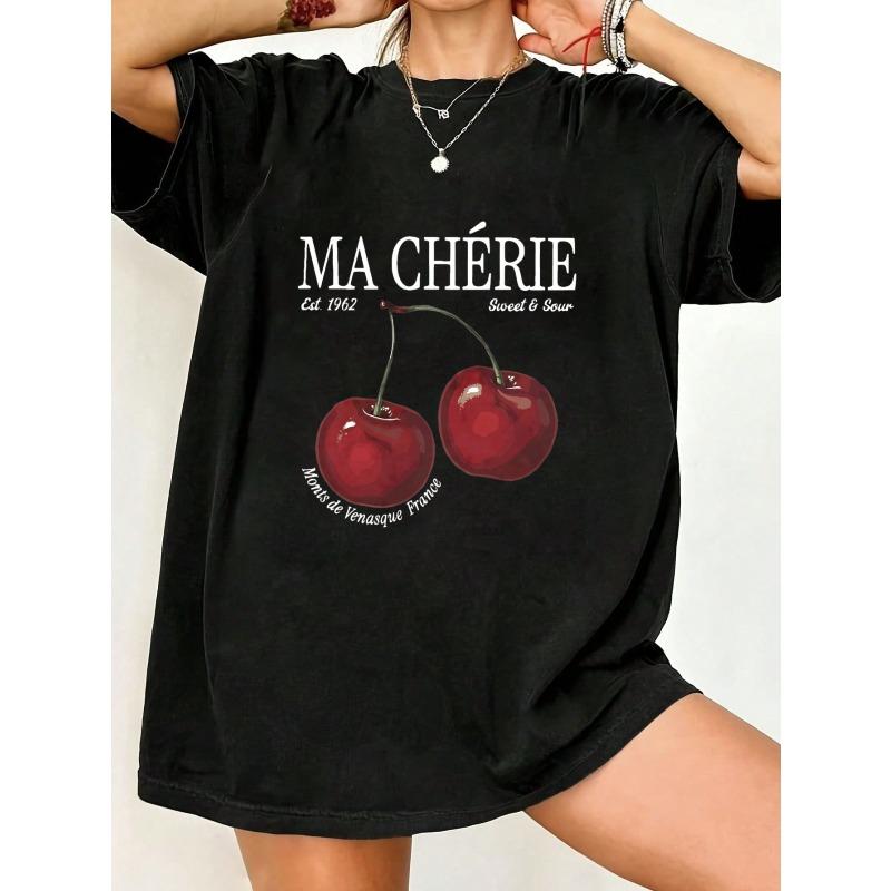 

Oversized T Shirt Black Cherry Print Ma Cherie Sweet And Sour Text Women Casual Summer Wear S