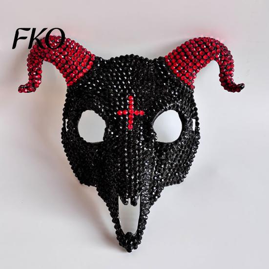 Light Luxury Skull Mask Halloween Rhinestone Full Face Mask, Black White Ram Horn Crystal Studded Masquerade Sparkly Glitter Party for Adults