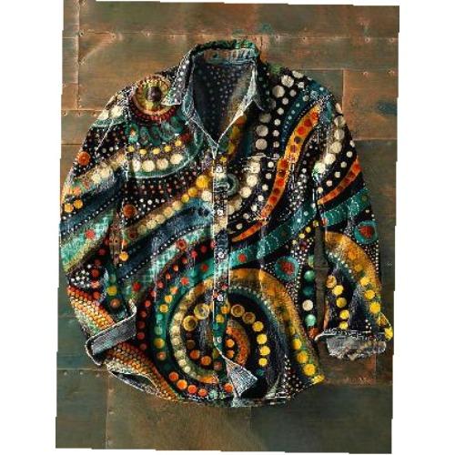Retro-style Colour-block Print Men’s Long-sleeved Button-down Shirt