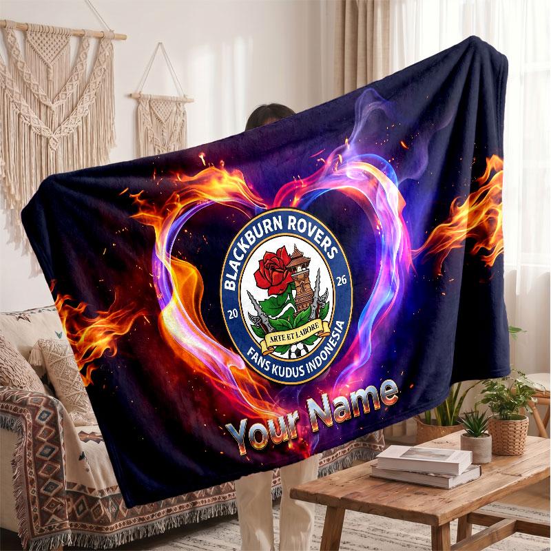 Blackburn Rovers FC Personalized Fleece Blanket With Football Logo, Custom Name Text Soft Warm Home Throw Blanket