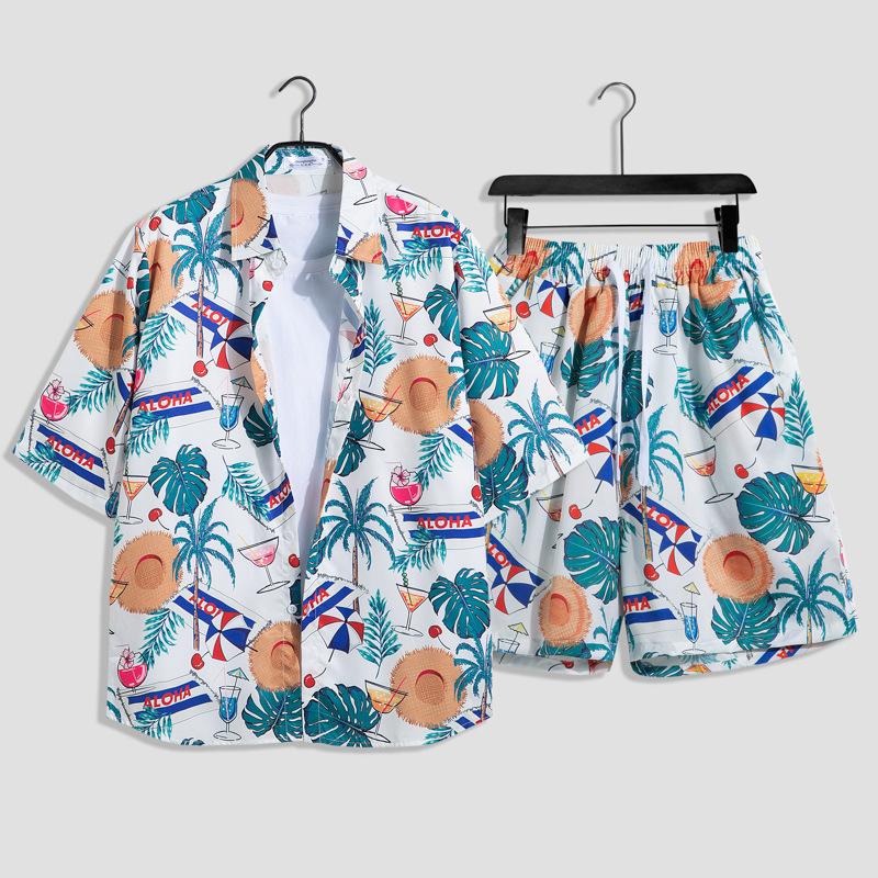 

Summer Men s Fashion Printed Suit Short-sleeved Shirt + Shorts 2pcs Suitable for Loose Beachwear Men s Vacation Hawaiian Clothing XXXL