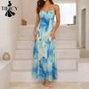 Moda Donna Estate Primavera Abiti Casual Senza Maniche con Bretelle Stampa Color Block a Vita Alta