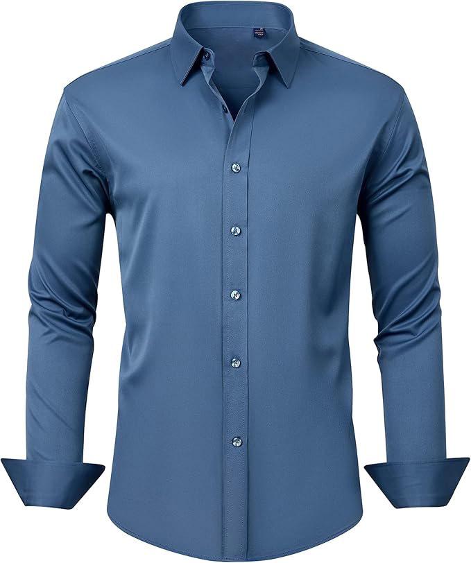 Camisa Social Masculina de Manga Longa Elástica Não Amassa - Cor Sólida