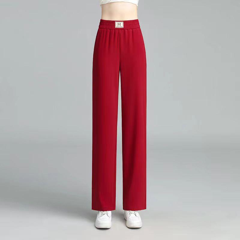 Women's Elastic Waist Straight Leg Pants Slim Wide Leg Trousers Summer Thin Ice Silk Mild Stretch Elegant Commuter Drape Casual Long Pants