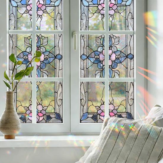 Stained Glass Window Privacy Film Vintage Decorative Frosted Static Cling Waterproof Reusable UV Sun Blocking Glass Sticker Cover