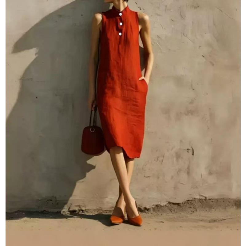 Abito Midi Casual da Spiaggia da Donna, Aderente, Senza Maniche, Colore Unito, Linea A