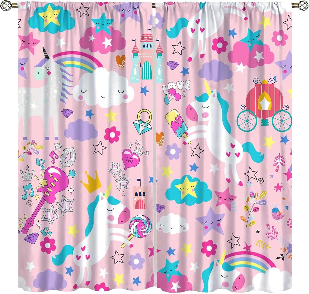 Purple Unicorn Curtains Girls Fantasy Mystery Fairytale Clouds Stars Magic Unicorns Window Drapes Kids Nursery Made Of Polyester