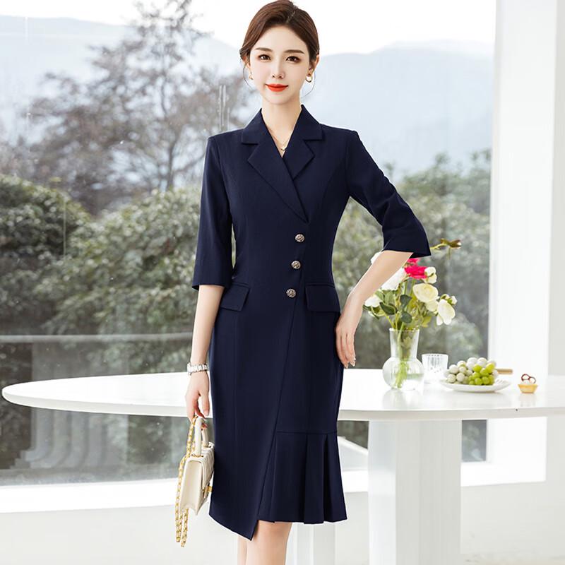 Tluo Man Women s Mid-Sleeve Dark Blue Suit Dress M