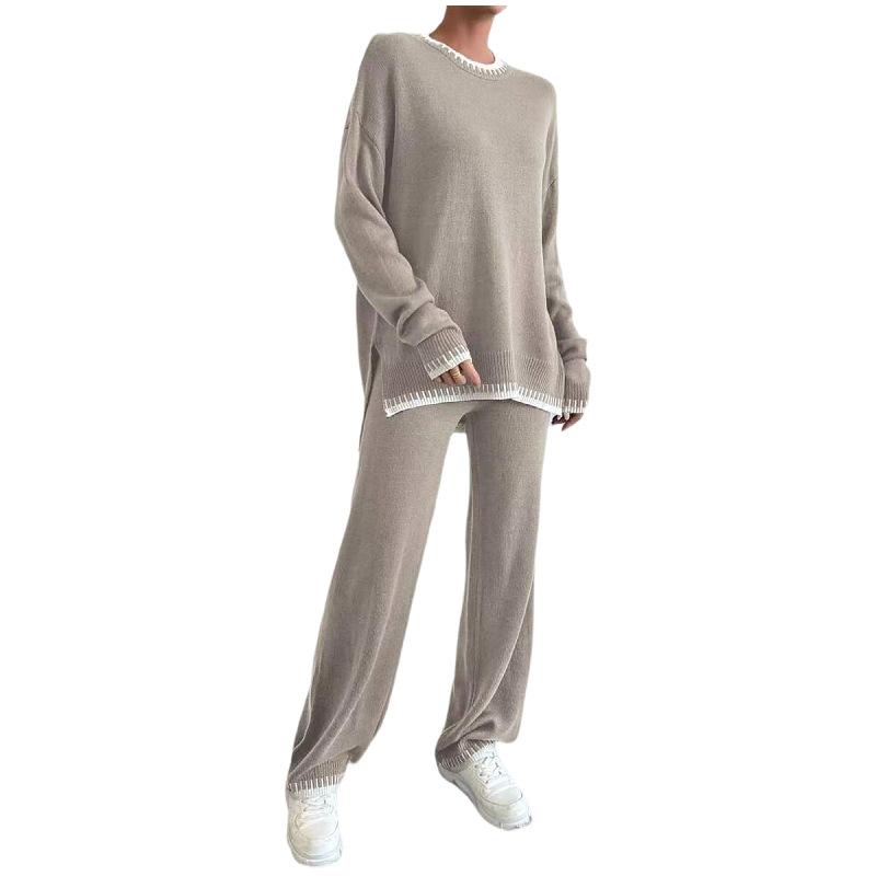 1116 Spring New European and American Casual Suit Women's Clothing Contrasting Color Knitted Sweater Trousers Two-piece Set