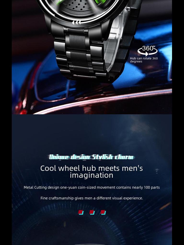 SVJ Ceas de mână pentru bărbați dintr-o bucată, inspirat de roata de mașină RS7, cu cuarț hidraulic 3D gol