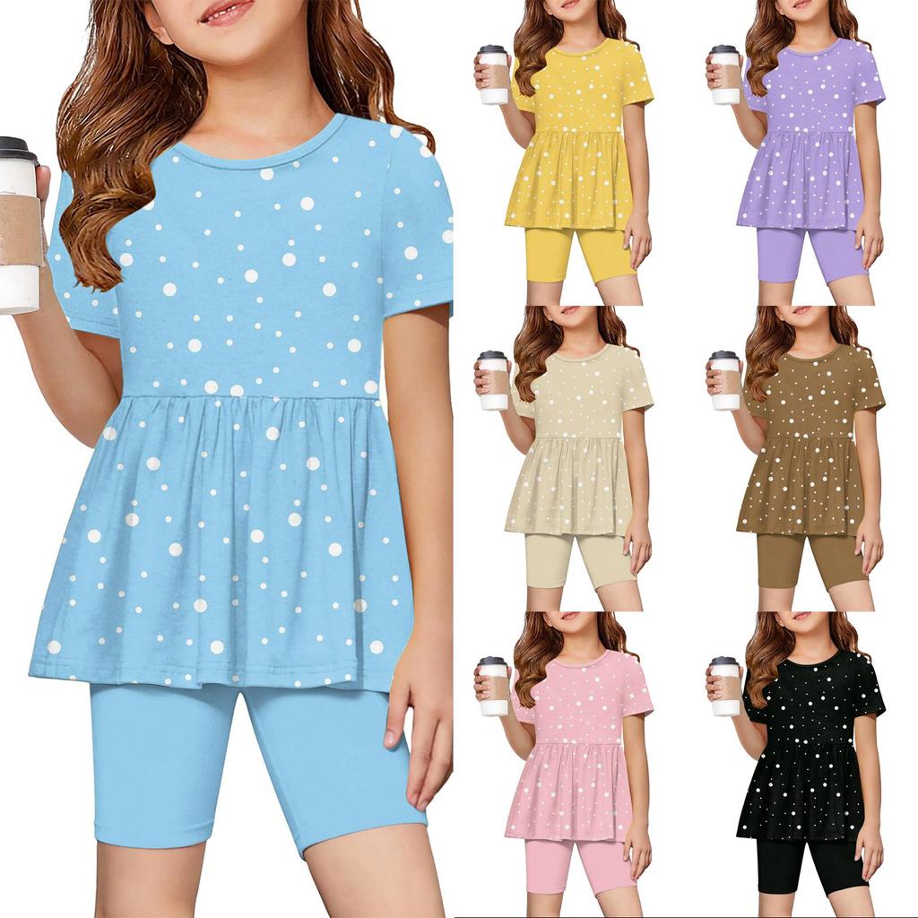 Completo Estivo per Bambina Set Top a Maniche Corte con Volant e Stampa Pois e Pantaloncini Due Pezzi Abbigliamento Casual per Bambini