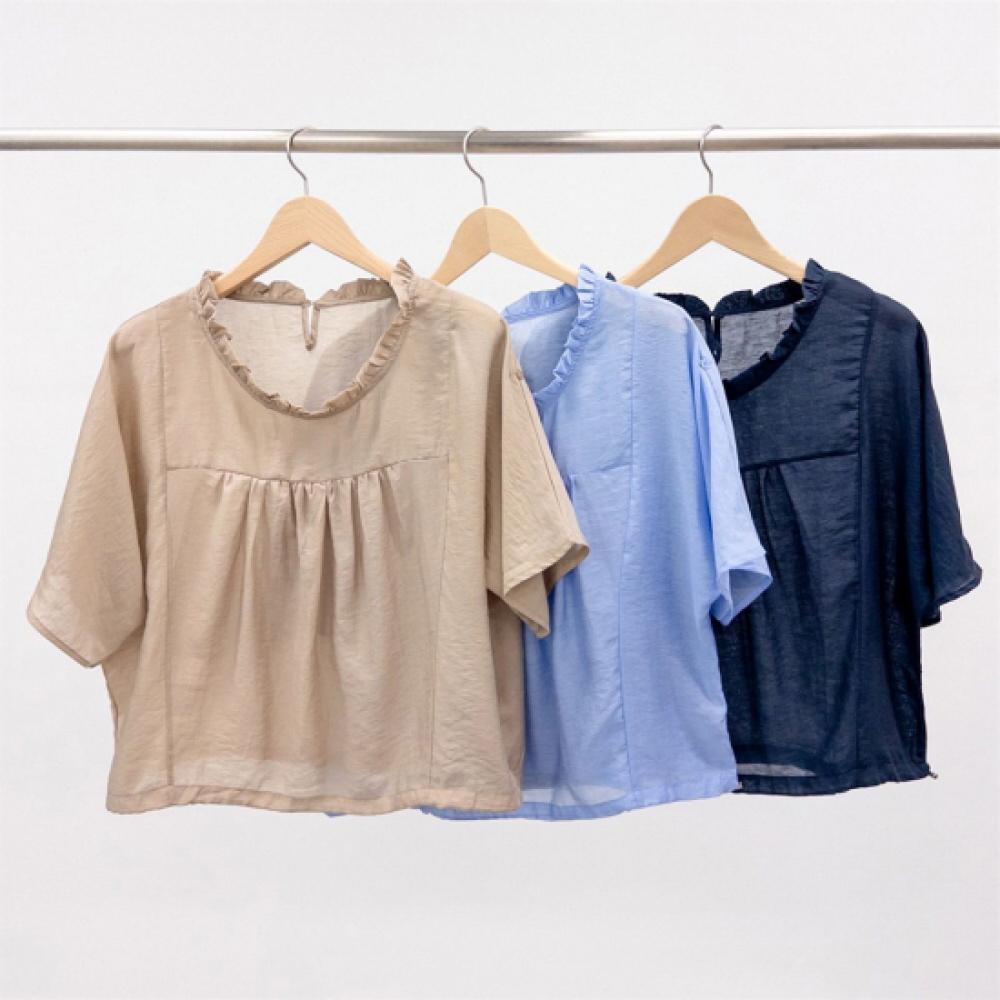 New Arrivals Open Run Women Frill Round Neck Sheer Summer Blouse