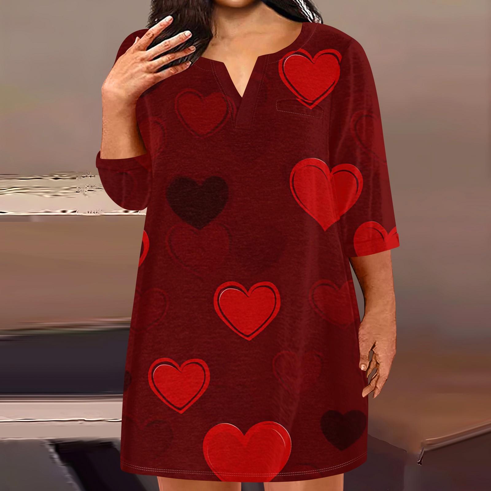 

Женское модное платье больших размеров с V-образным вырезом и рукавом три четверти, повседневное, с принтом «Любовь» и карманами XXL винный
