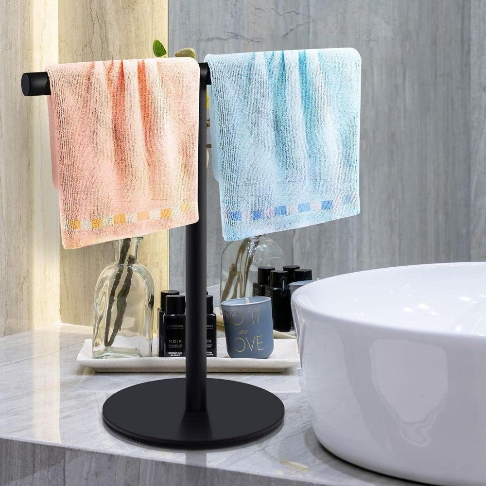 

T-Shape Bathroom Towel Hanger Modern Style Towel Bar Rack Hand Towel Holder Laundry Room Black-Round Base