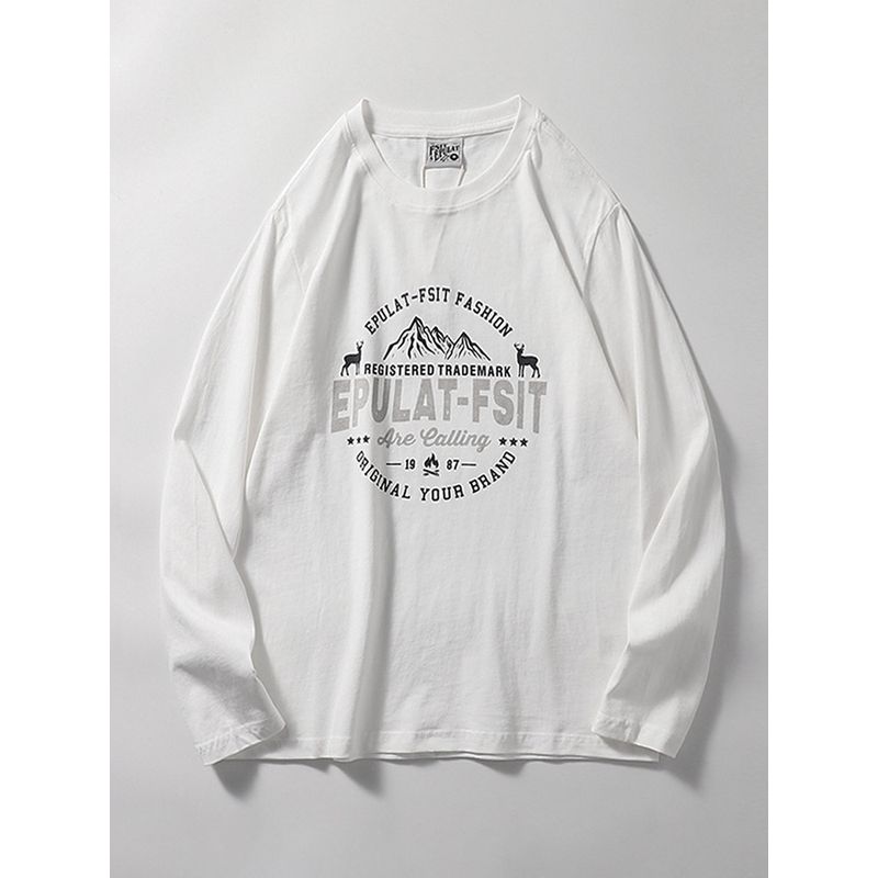Trendy Retro Print Cotton Brushed Long Sleeve T-shirt