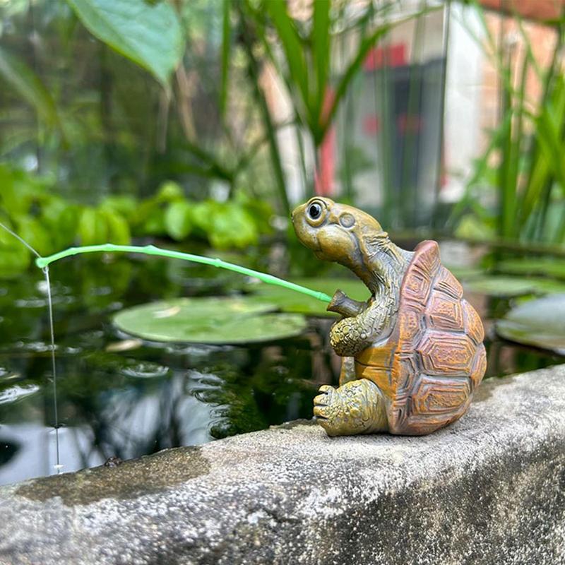 Turtle Statues For Garden Fishing Turtle Resin Sculpture For Outdoor Miniature Animal Tortoise Statue For Yard Backyard Garden