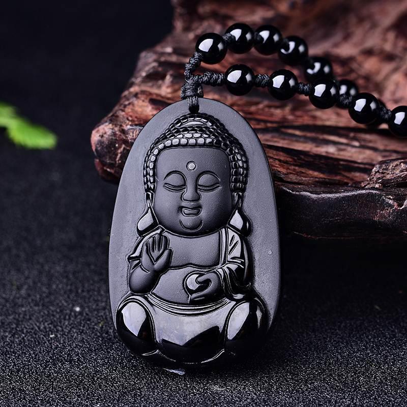 Genuine Obsidian Baby Buddha Pendant - Natural Gemstone Hanging Ornament