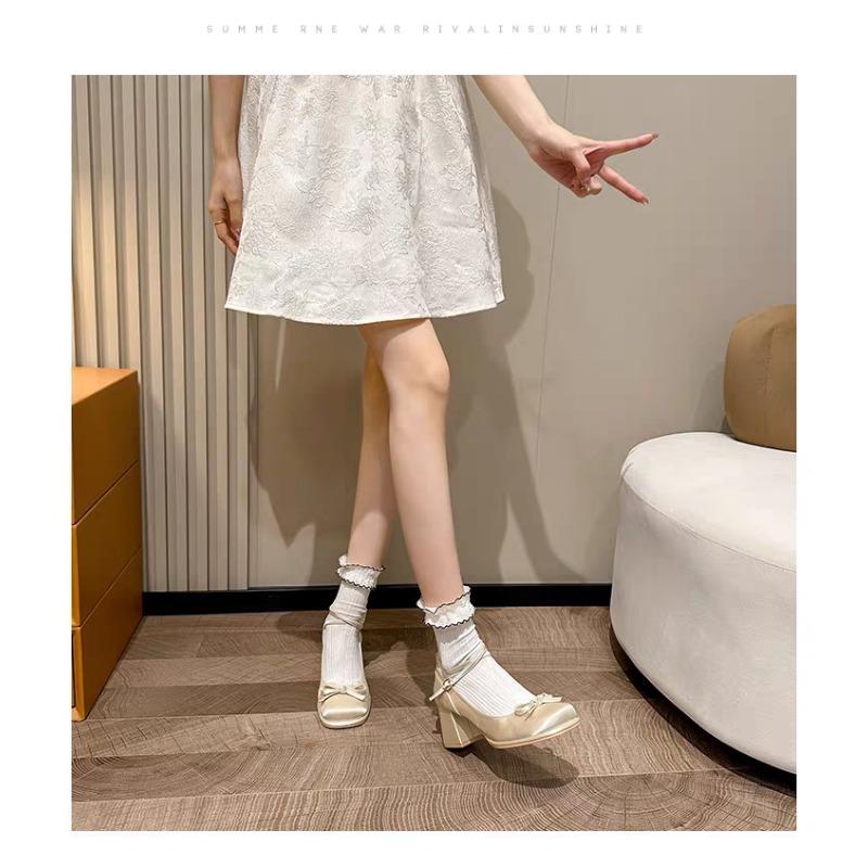 French bow thick heels Mary Jane high heels women 2025 new fairy wind small man a slip-on increase shallow mouth single shoes