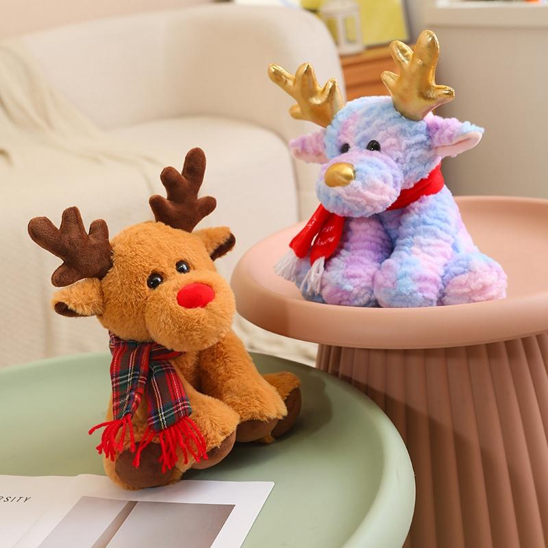 Lovely Happy Christmas Elk Plush Toys Cuddy Fluffy Sitting Elk Doll Wearing Scarf  Home Party Decor Sweet Gift To Kids Friends