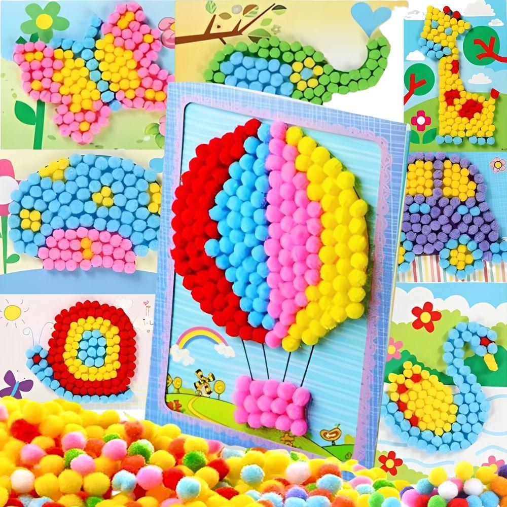 4 Sets Pompoms Painting Set Including Colorful Craft Fluffy Balls & Printed Paper DIY Decoration Birthday Gift Prize YMY
