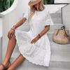 Vestido de Verão Feminino Vazado Plissado A-line Gola O Manga Curta Trompeta Vestido Midi Patchwork Cor Sólida Grande Roda Vestido de Senhora