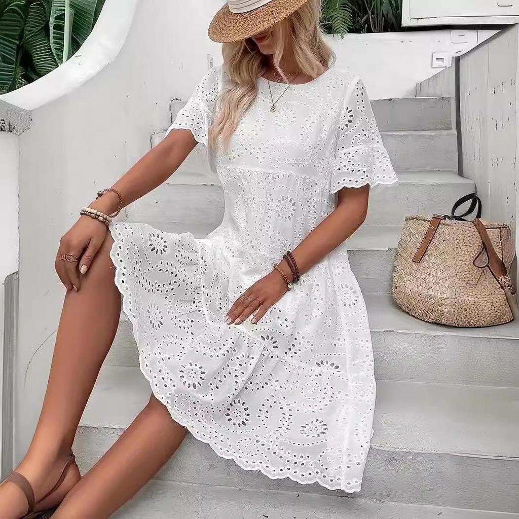 Vestido de Verão Feminino Vazado Plissado A-line Gola O Manga Curta Trompeta Vestido Midi Patchwork Cor Sólida Grande Roda Vestido de Senhora