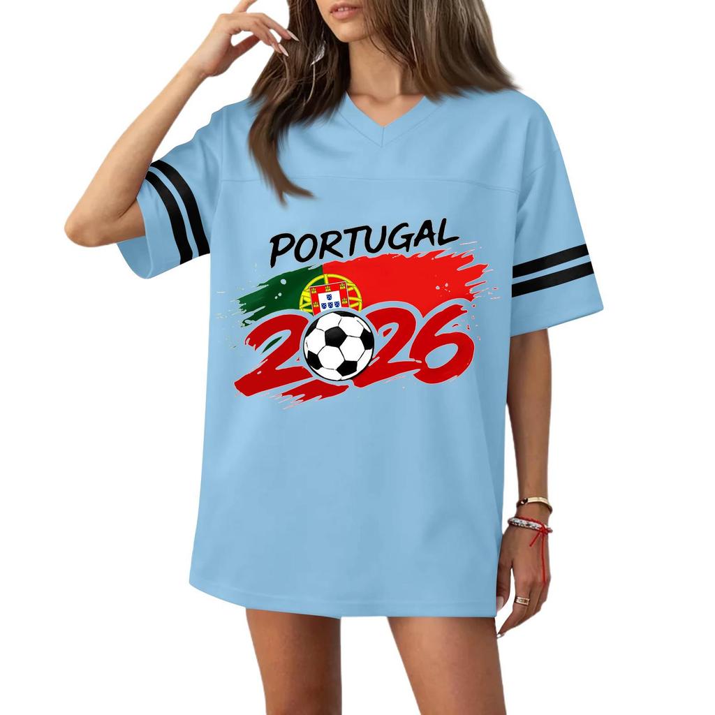 Women's Casual V Neck Short Sleeve Football Jersey Top with Flag Print and 2026 Soccer Graphic for Sports and Wear