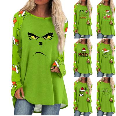 Women's Fashion Casual Long Sleeve Christmas Print Round Neck Pullover Top Blouse