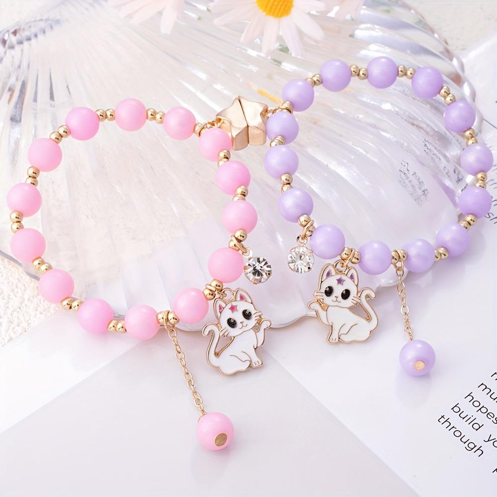 2 Pezzi Clip Magnetica Abbinate Braccialetti Carino Cartone Animato Gatto Ciondolo Elastico Acrilico Perla Sintetica Perline Braccialetti dell'Amicizia