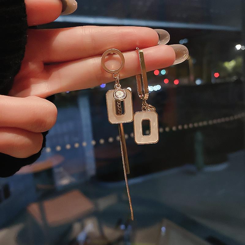 Silver Needle Dripping Oil Circle Square Asymmetrical Earrings Simple Trend Long Earrings Retro French Earrings Women