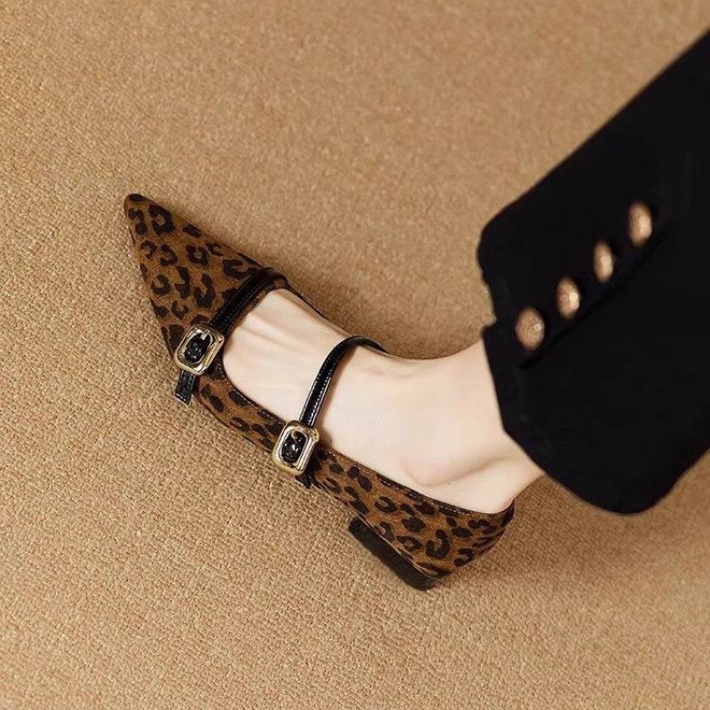 Fall French Pointed-Toe Leopard Print Mary Janes Elegant Stylish Commuter Flat Shoes Single Buckle