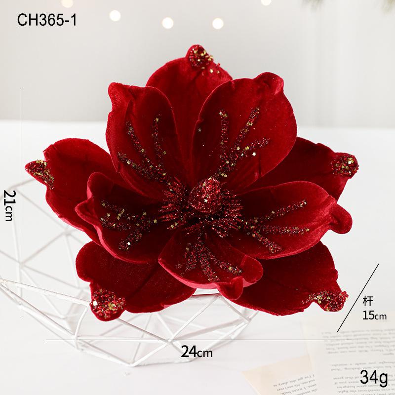 New 24CM sticky powder flocked Christmas flower magnolia flower high-end light luxury fabric Christmas decoration simulation flower