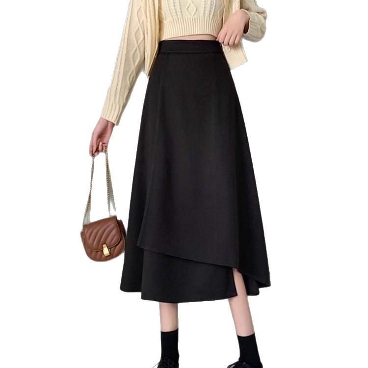 Women's Black A-Line Mid-Length Skirt, 2026 Style: Irregular High Waist, Slimming, Wide Hem Umbrella Design, Hips Covering.