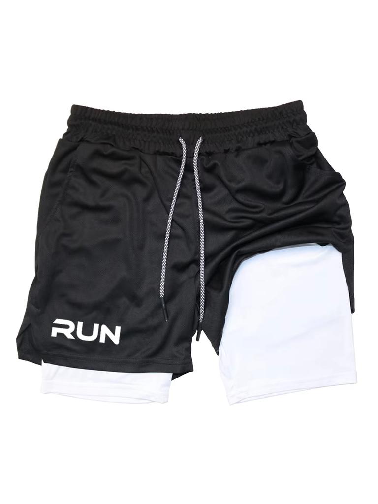 Men's 2-in-1 Running Shorts with RUN Print - Gym Workout Quick Dry Compression Sport Shorts for Fitness Jogging 00432