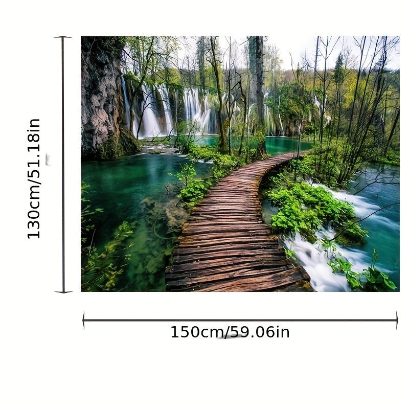 Beautiful Green Nature Tapestry Rainforest Waterfall Landscape with Wooden Bridge Scene - Perfect for Bedroom, Holiday Gift, and Birthday Gift