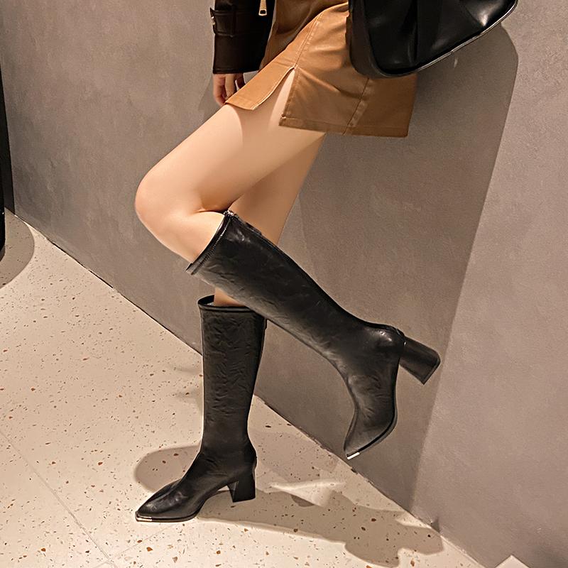 New Style Pointed Toe High Heel Long Boots Women's Autumn Winter Slim High Boots Comfortable Chunky Heel Knight Boots