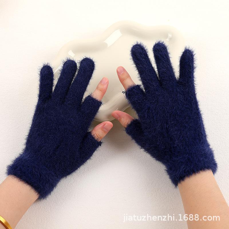 Winter Two Finger Touchscreen Rib Stitch Jacquard Plush Warm Knit Student Thick Half Finger Gloves