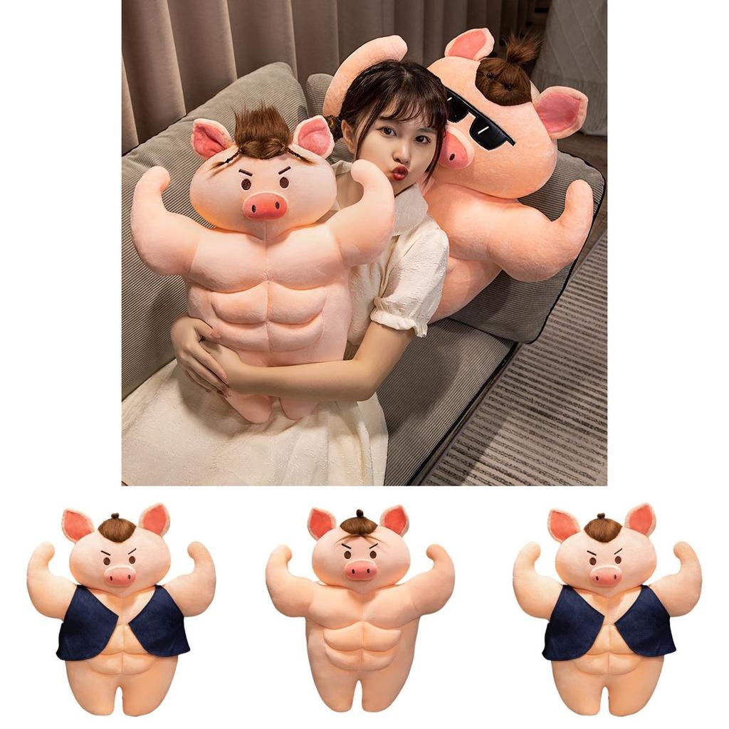 Lustiges Muskel-Schwein Plüschtier mit Bauchmuskeln Cartoon-Stil Weich und Kuschelig Tolles Geschenk für Freunde und Kinder 55cm Höhe