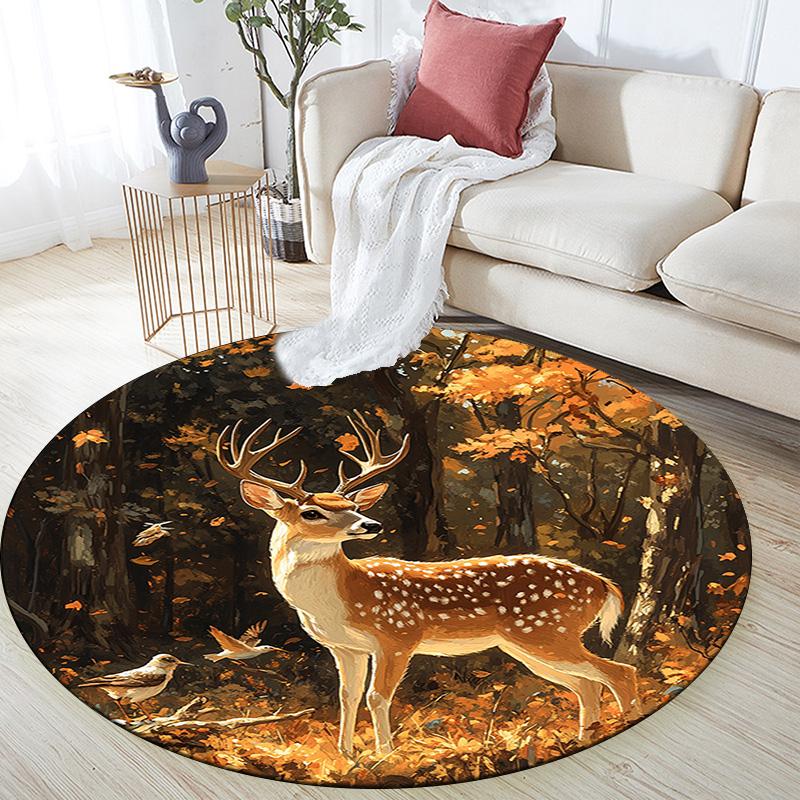 Autumn Forest Deer Round Area Rug,Carpet Rug for Living Room Bedroom Sofa Playroom Decor,Non-slip Floor Mat
