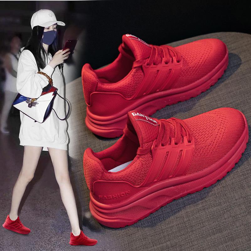 Czerwony Rok Zodiaku Latające Tkane Buty Sportowe Damskie Wiosenne Wysoko Elastyczne Miękka Podeszwa Buty do Tańca dla Mamy Lekkie Podróżne Małe Czerwone Buty