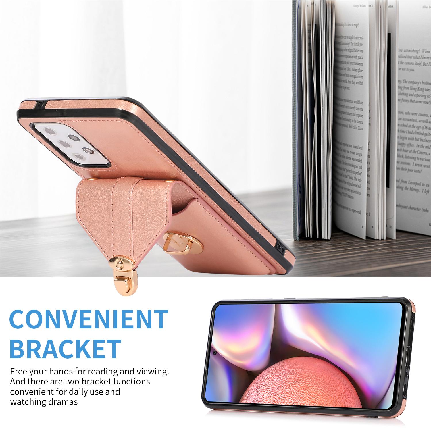 

For Samsung Galaxy A53 5G Card Holder Anti-drop Shell PU Leather+TPU Back Case Kickstand Phone Cover Rose Gold