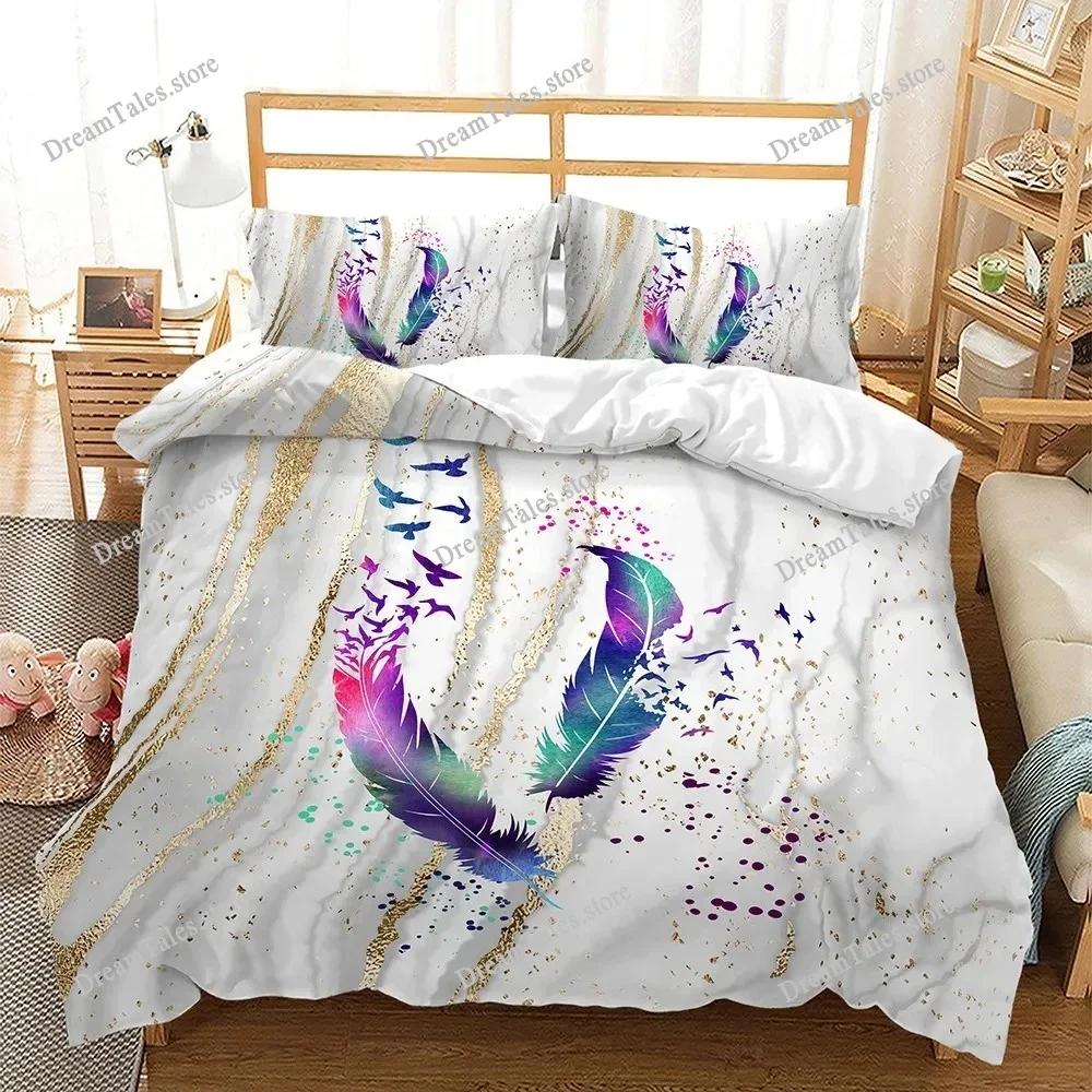Feather Duvet Cover Set 3D Golden Feather Marble Polyester Pillowcases Quilt Cover Home Decor Gift Twin King Queen Bedding Set