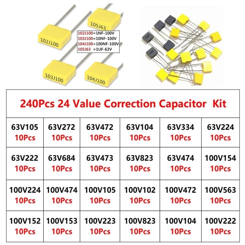 240Pcs Correction Capacitor Assorted Kit 24Values x 10Pcs 100V 102J-105J Polypropylene Safety Plastic Film Capacitors Set