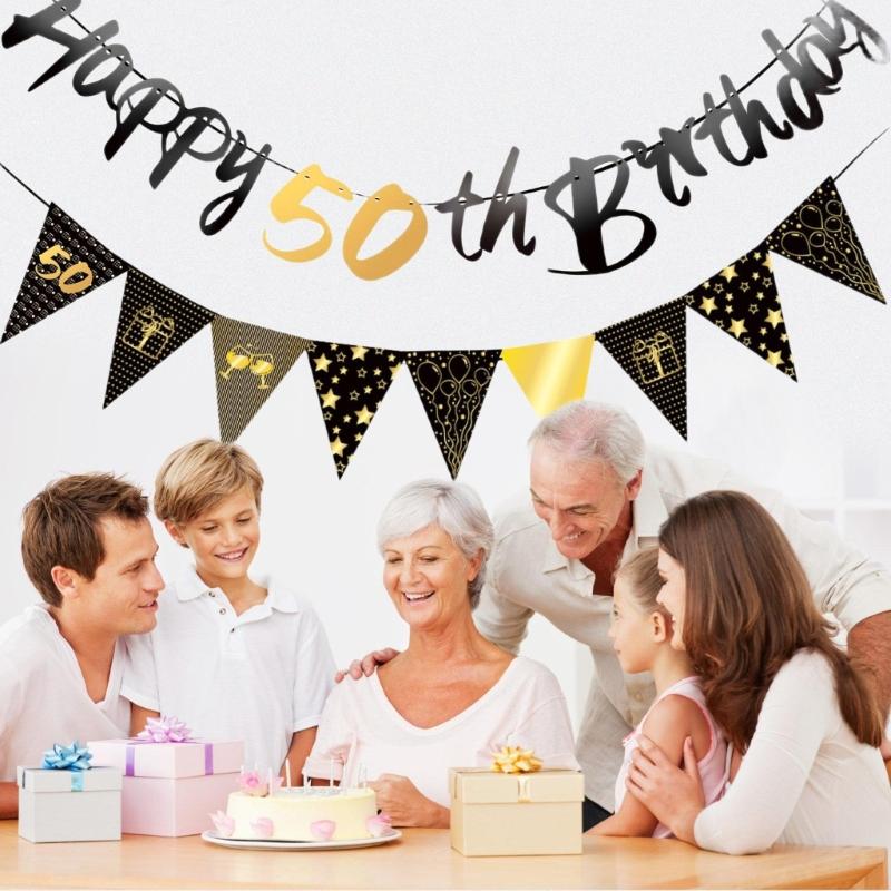 Birthday Balloons Set Black Gold Latex and Confettied Balloons Flags Banners for Men Party Decorations