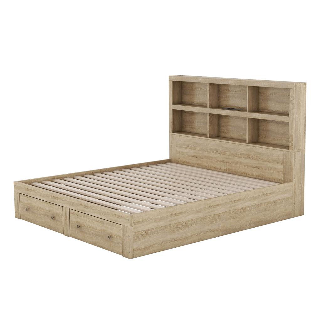 160*200cm Double Bed, Chipboard, King Size Platform Bed with Two Drawers at the Foot of the Bed, Headboard with Storage, Natural