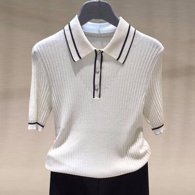 Gejia 2024 Frühling/Sommer Damen Polokragen Colorblock Kurzarm Eisseide Slim Fit T-Shirt