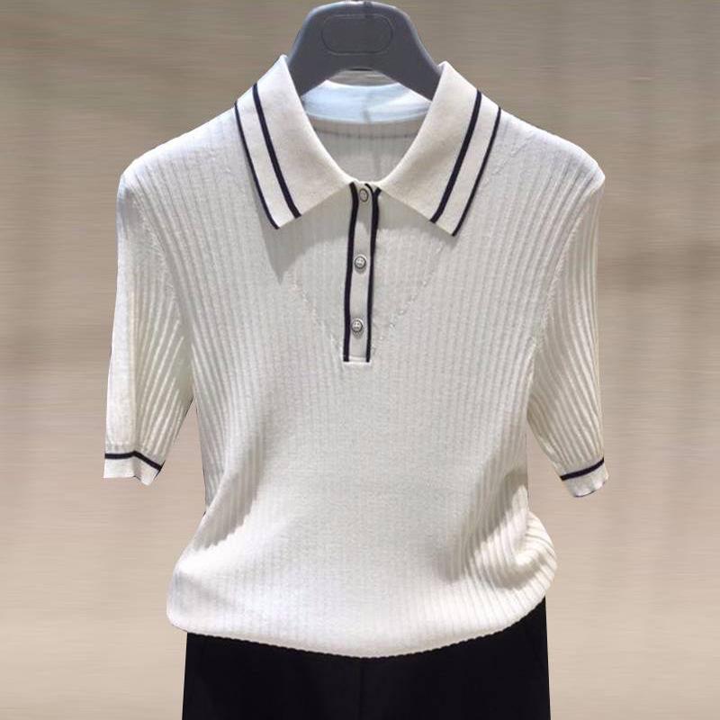 

Женская футболка Gejia Весна/Лето 2024 с воротником поло, цветными блоками, коротким рукавом, из ледяного шелка, приталенного кроя M (Size 3) белый